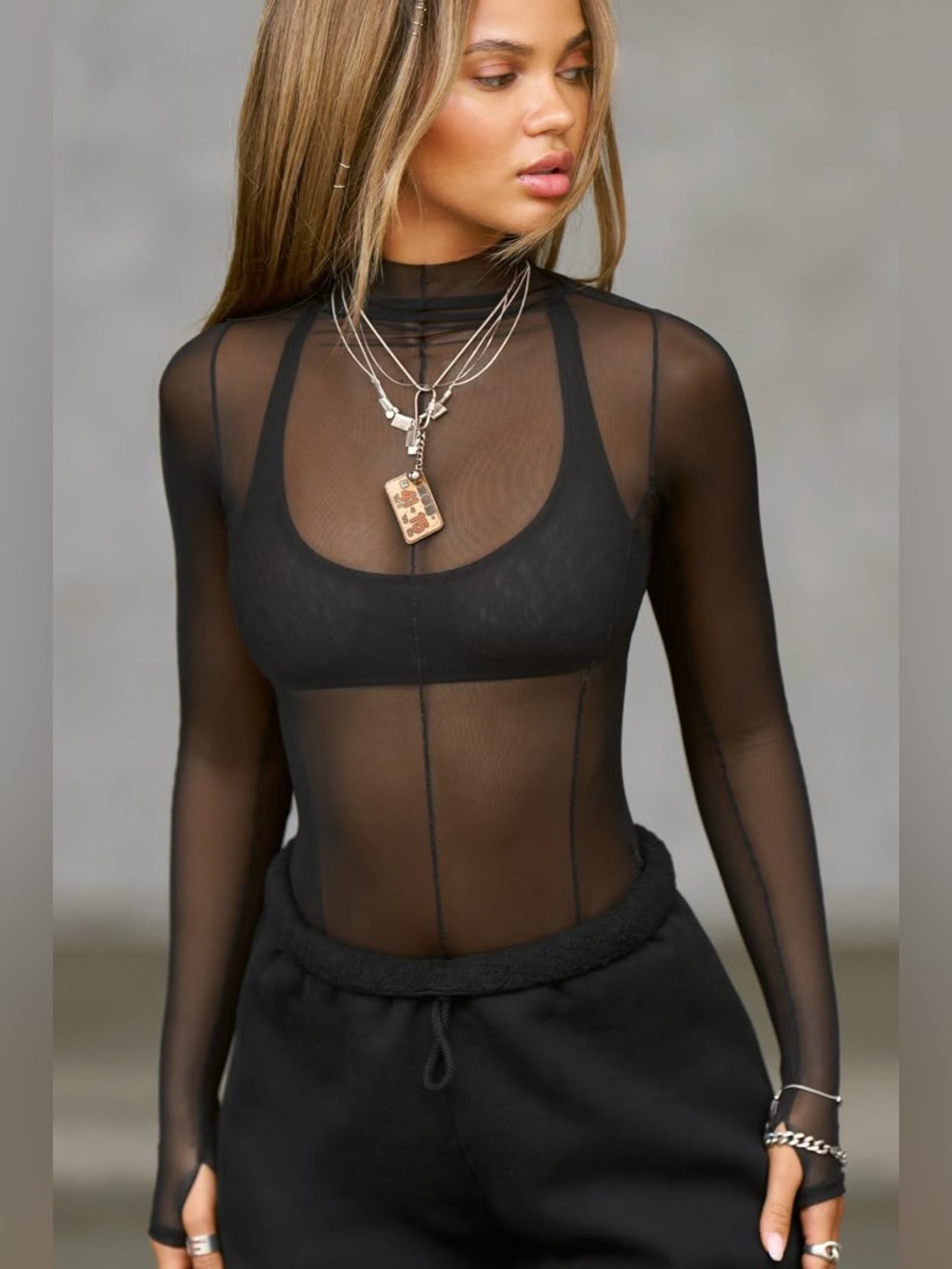 Joah Brown S/M Exposed Seams Long Sleeve Sheer Mesh Mock Neck Slim Fit Top